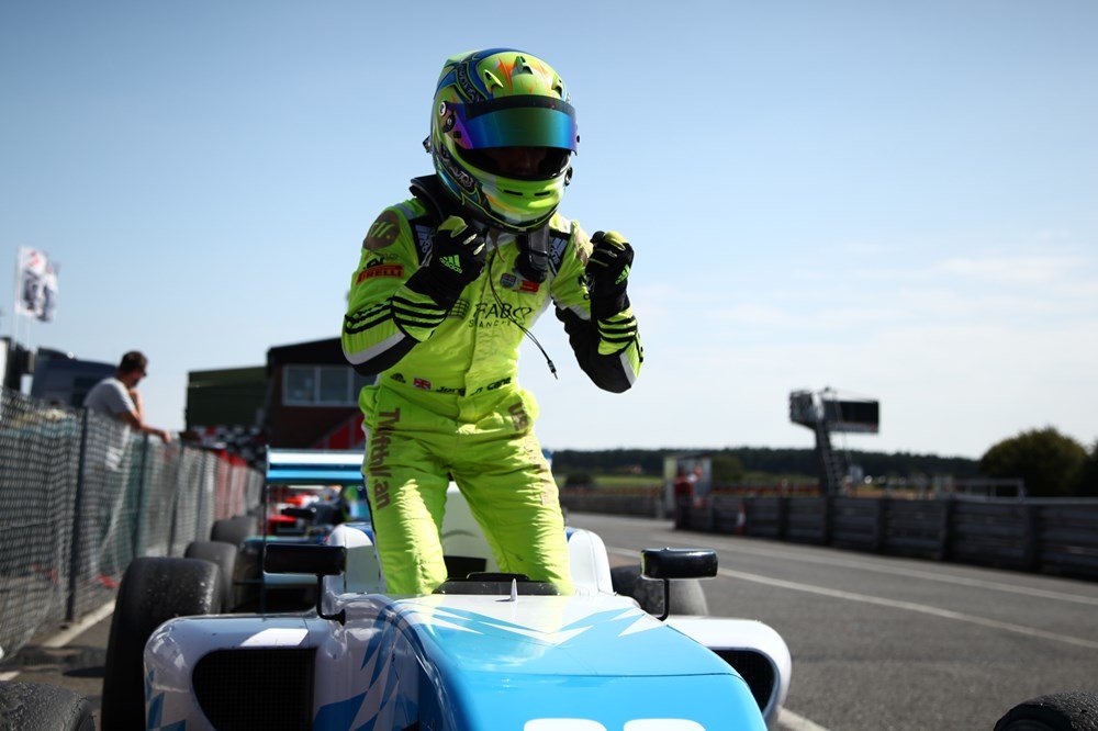Jordan Cane celebrating during the 2017 BRDC British Formula 3 season